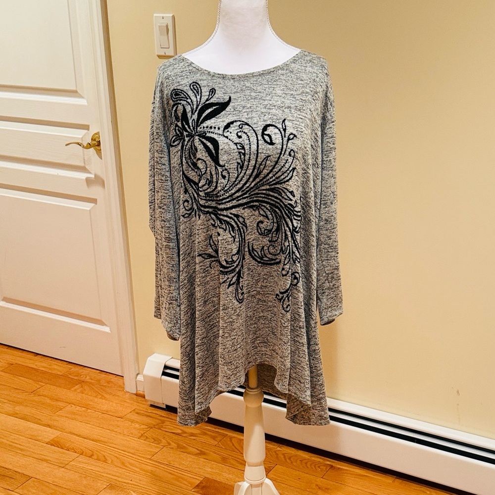 Chic Gray Women's Asymmetrical Tunic with Black Floral Textured Design, soft